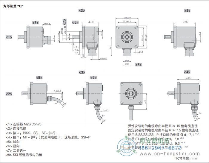 AC58-Interbus標準光電絕對值型編碼器外形及安裝尺寸(方形法蘭Q) 德國hengstler(亨士樂)編碼器