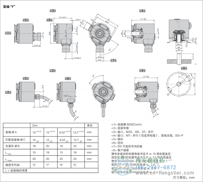 AC58-Profibus標(biāo)準(zhǔn)光電絕對值型編碼器外形及安裝尺寸(盲軸F) 德國hengstler(亨士樂)編碼器